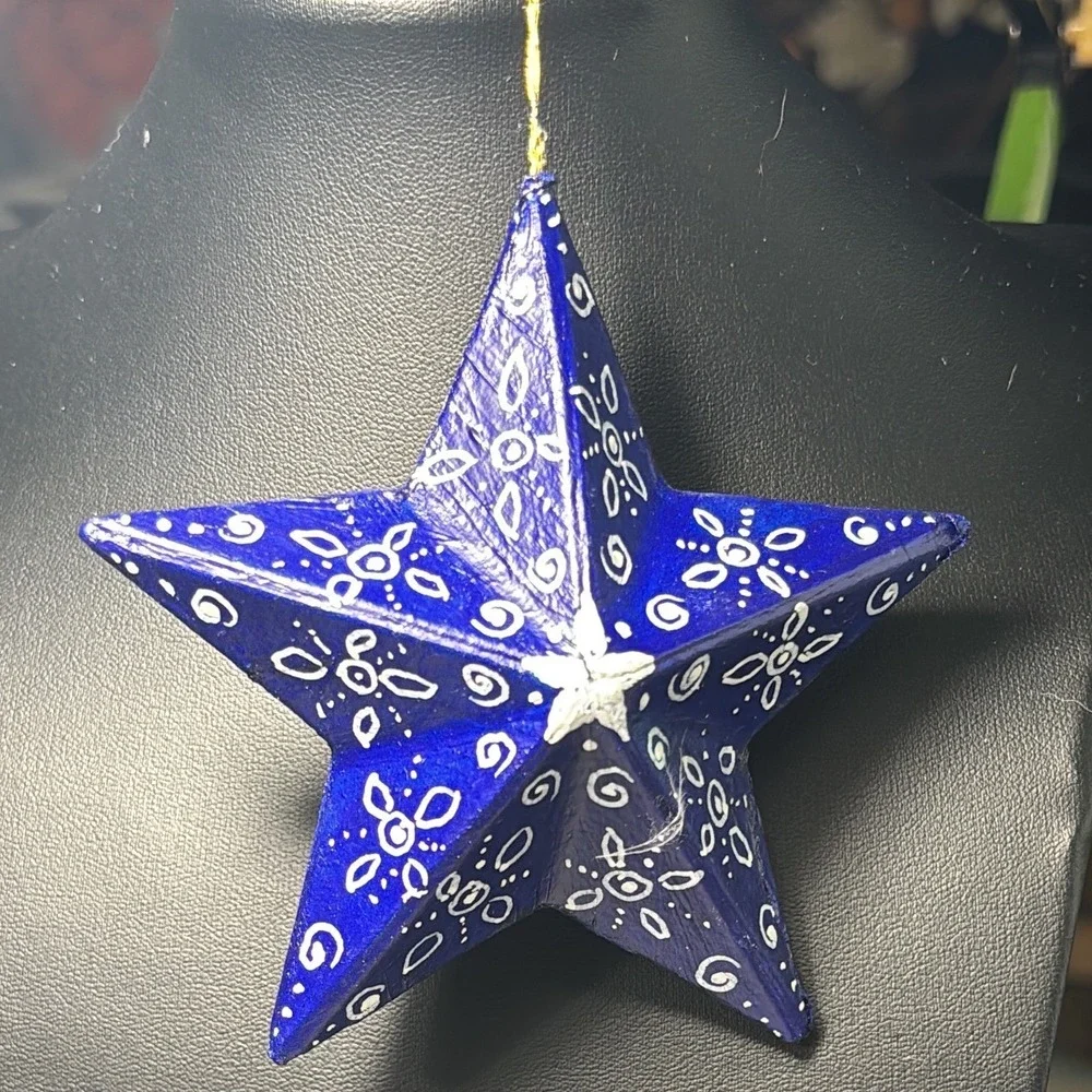 Christmas Ornaments Blue Hand Painted Folk Art Papier Mache Star Finial Set 2